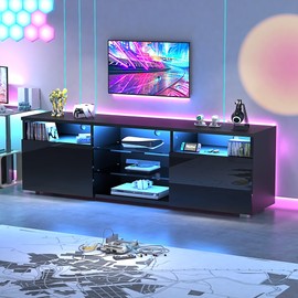 St.Mandyu LED TV Stand for 75/80 inch TV, Modern Television Table Center Media Console with Drawer and Led Lights, High Glossy Entertainment Center for Living Game Room Bedroom(Black)