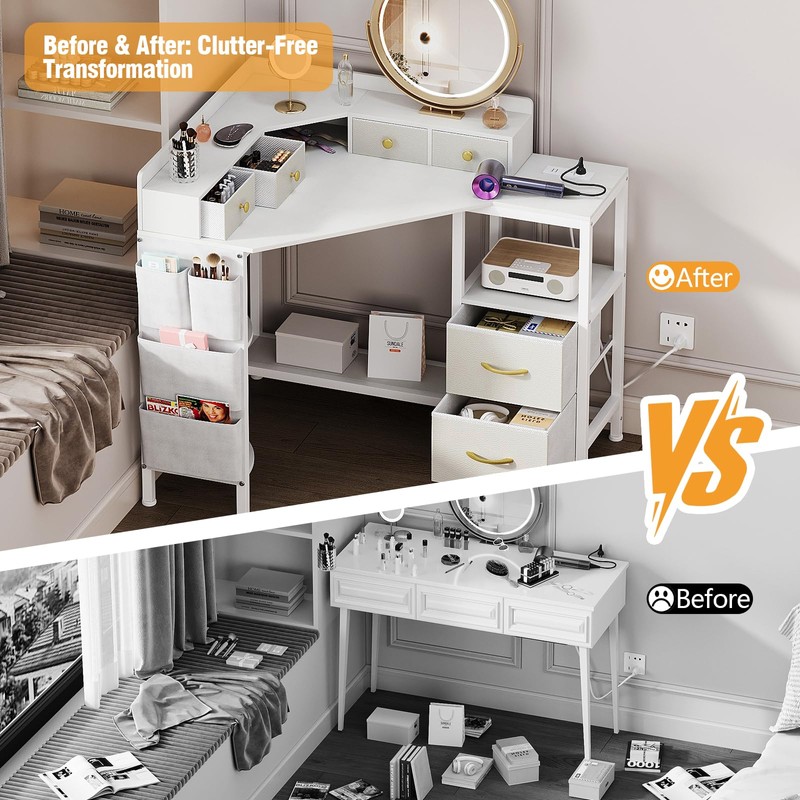 Corner Vanity Desk with Charging Station, Makeup Table with Drawers