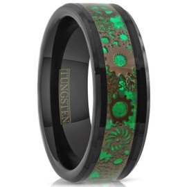 Radiant 8mm Polished Black Tungsten Carbide Band Ring w/Black Steampunk Clockwork Gears on Sparkling Kelly Green Faux Carbon Fiber Inlay. (8mm 10)
