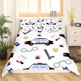 Police Car Duvet Cover Set Policeman Vehicle Comforter Cover Automobile White Bedding Set Cartoon Car Pattern Bedspread Cover for Kids Boys Girls Single Size With 1 Pillow Case