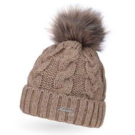 Neverless Ladies Knitted Fur Pom Pom Faux Fur Winter Hat Bobble Hat, Caren Dark Beige