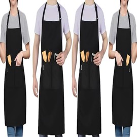 LEFUNDA® Cooking Apron Waterproof Apron with 3 Pockets Adjustable BBQ Apron with Long Straps Kitchen Apron for Men Women Kitchen Restaurant Cafe, 4 x apron - black - large