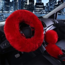 3 Pcs Car Steering Wheel Cover & Handbrake Cover & Gear Shift Cover Set Faux Wool Warm Winter (Wine Red)