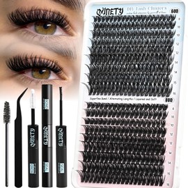 QUNETY Lash Clusters Kit 360 Clusters Lash Extension Kit 60D+80D DIY Eyelash Extensions Kits C curl Individual Wispy Lashes Cluster Natural Eye Lash Extension Trays with Glue&Tweezers for Beginners