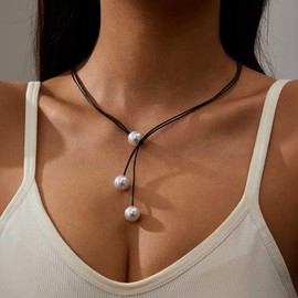 TseenYi Leather Y Lariat Necklace Vintage Pealr Y Drop Necklace Black Leather Wrap Choker Necklace Boho Long Leather Necklace Black Cord Lariat Necklace Jewelry for Women and Girls Gifts