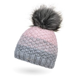 Neverless® Women's Knitted Hat Lined Fleece Lining Fur Pom Faux Fur Winter Hat Bobble Hat Chunky Knit Multicoloured, 12148 grey-pink