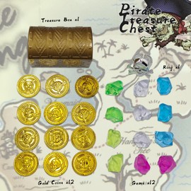 HOPELJ Kids Pirate Treasure Chest Toy Box Gold Finish Vintage Pirate Jewelry Box Kids Storage Treasure Chest with (12 Plastic Gold Coins+12Gems+1Rings)