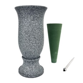 Grave Decorations for Cemetery Vase for Flowers with Stakes and Floral Foam, Draining Holes - for Garden, Grave,Cemetery,Lawn, Yard - Memorial Grave Decorations - Nature Granite Colour
