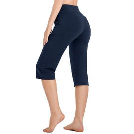 RIMLESS 7 Women's Capri Pants with Pockets Lounge Crop Yoga Pants Tummy Control Stretch Workout High Waist Athletic Pants P03-Dark Blue-XL