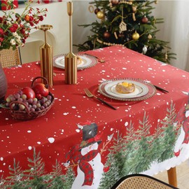 Fadcaer Christmas Table Cloth, Red Christmas Tablecloth, Christmas Table Decoration, Rectangular Party Table Cover, Christmas Tablecloth Red with Snowman Tree for Christmas Dinner Table Decorations