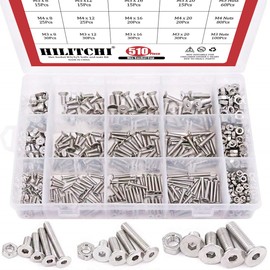 Hilitchi 510pcs M3 M4 M5 Stainless Steel Flat Head Hex Socket Head Cap Bolts Screws Nuts Assortment Kit - 304 Stainless Steel (Flat Head)