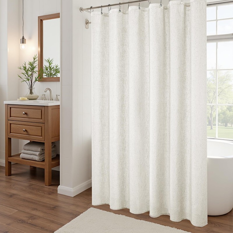 KOUFALL 90 Inch Shower Curtain Long,Linen Fabric Boho Farmhouse Neutral