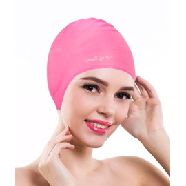 PHELRENA Swimming Cap Waterproof Premium Silicone Solid Long Hair Earmuffs Swim Cap Flexible Reversible for Adults Kids Women Men, Keeps Hair Clean Ear Dry, Free with Nose Clip and Ear Plugs