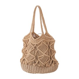 YMYL Women Cotton Rope Handbag Crochet Summer Handwoven Boho Drawstring Beach Bag Hollow Out Shoulder Bags for Holiday Travel Outdoor Picnic, khaki