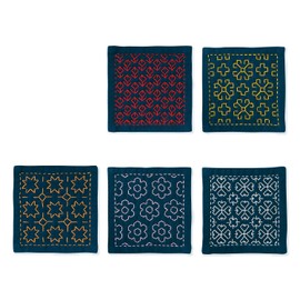 Olympus Thread Hitomezashi Sashiko Embroidery Kit Coasters I Navy Blue 5 Pieces Printed with Thin Sashiko Yarn Fabric