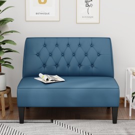 Alunaune Upholstered Blue Loveseat Bench Couch for Bedroom, Modern Cushioned Armless Settee Small Love Seat Sofa Faux Leather Living Room Couch