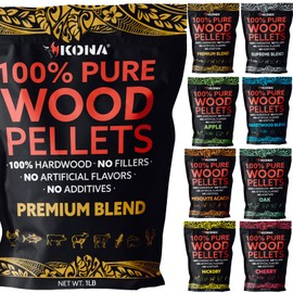 Kona Premium BBQ Wood Pellets Offer high BTU, Clean-Burning, Low-ash, and Low-Moisture for Great Flavor. No Soaking Needed. Includes 8 Varieties. Use 1/3-1/2 Cup per Session for Hours of Smoking.