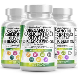 Clean Nutraceuticals Clean Nutraceuticals Oregano Oil Garlic Extract Olive Leaf Black Seed Oil - Immune Support & Digestive Health Supplement for Women and Men with Vitamin D3 & Zinc - 3Pack