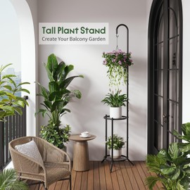 2-Tier Plant Stand With Hanging Hook, Metal Standing Plant Hanger, Black
