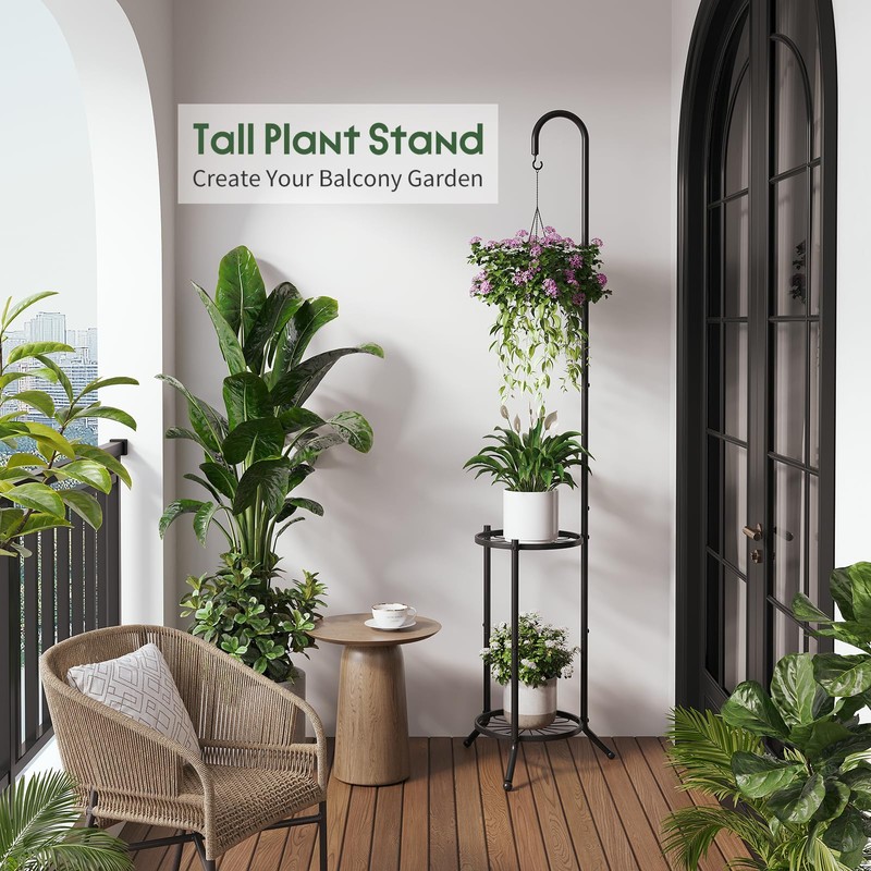 2-Tier Plant Stand With Hanging Hook, Metal Standing Plant Hanger,