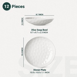 HOMBENE White Dinnerware Set 12 Piece Service for 6, Porcelain Dinnerware Sets, Over Size Plates Sets for Dessert Salad and Pasta, Dishes Set