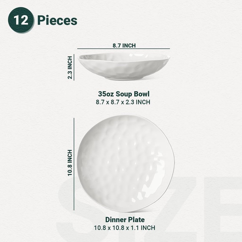 HOMBENE White Dinnerware Set 12 Piece Service for 6, Porcelain