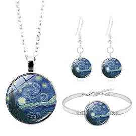 COLORFUL BLING Van Gogh Starry Night Sky Sunflower Earrings Bangle Bracelet Pendant Necklace Set Artistic Painting Dangle Earrings Stainless Steel Art Jewelry Set for Women Girls Teens, no metal