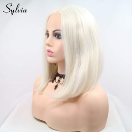 Sylvia Platinum Blonde Bob Hairstyle Synthetic Lace Front Wigs Middle Parting 60# Short Straight Heat Resistant Fiber Hair