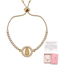 Oro de Luna Pulsera Virgen de Guadalupe Ajustable para Mujer con Círculo de Zirconias y Chapa de Oro 14K – Pulsera Dorada Religiosa, Diseño Elegante, Empaque Listo para Regalo