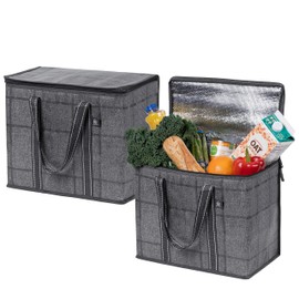 VENO VENO 2 Pack Cooler Bag and Insulated Grocery Bags for Food Delivery, Collapsible Cooler. Reusable Shopping Bags for Groceries with Hard Bottom, Zippered Top, Foldable, Heavy-Duty (Windowpane, 2 Pack)
