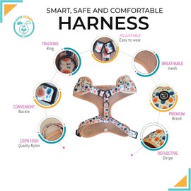 SUPER DOGGY No Pull Dog Harness, Leash and Bag, Breathable Harness for Small and Medium Dogs, Harness and Leash for Walks, Safety Visibility (Bone & Footprints, XS
