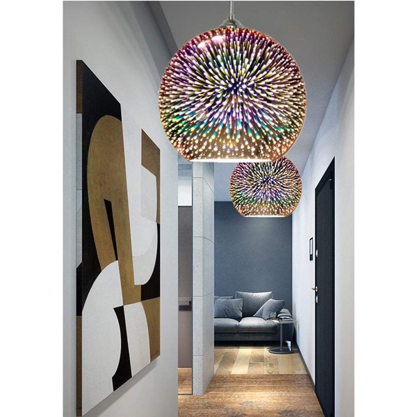 KRUIHAN 3D Colorful Chandelier LED Pendant Lights Mirror Glass Ball Firework Lampshade E27 Base Pendant Lamp 15CM（Silver）