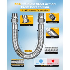 HOTYELL 1 Inch NPT Male Compressor Jumper Hose 20", 750°F/450 PSI Full Body 304 Stainless Steel Double Layers Air Hose with 360° Swivel Fittings (1'' NPT x 20" Length)