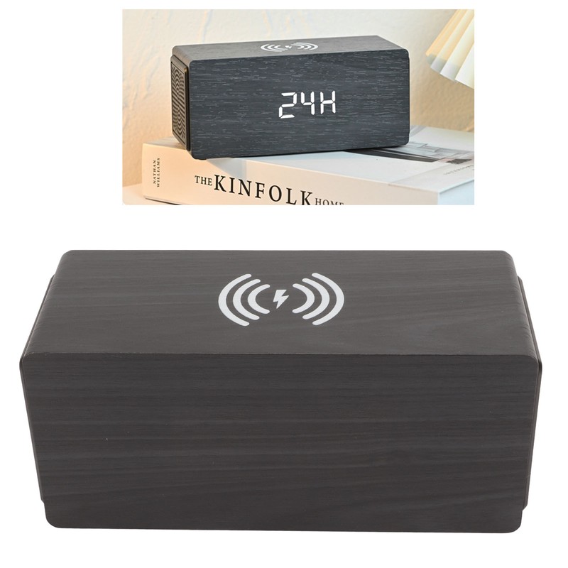 Bluetooth Speaker Digital Wooden Alarm Clock Wireless Charging 15W Dual