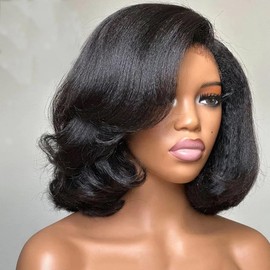 Curly Bay Hair Short Bob Yaki Side Part Layered Wavy Kinky Straight Short Bob Wig 10 Inch Transparent HD Lace Front Wig Human Hair Pixie Cut Wig Pre Plucked with Kinky Edges Brazilian Remy Hair
