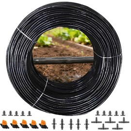 1/4" Irrigation Dripline Tubing 6 Inch Emitter Spacing 100 Ft Drip Line Tubing Hose, 1/4" Drip Irrigation Fittings Included for Gardens and Raised Beds Efficient Irrigation