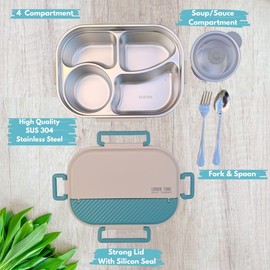 Stainless Steel Lunch Box with Soup Pot 4 Compartments – BPA-Free, Leak-Proof Food Storage Container – Portable Meal Prep Box for Kids & Adults (Light Teal, 2000 ML)