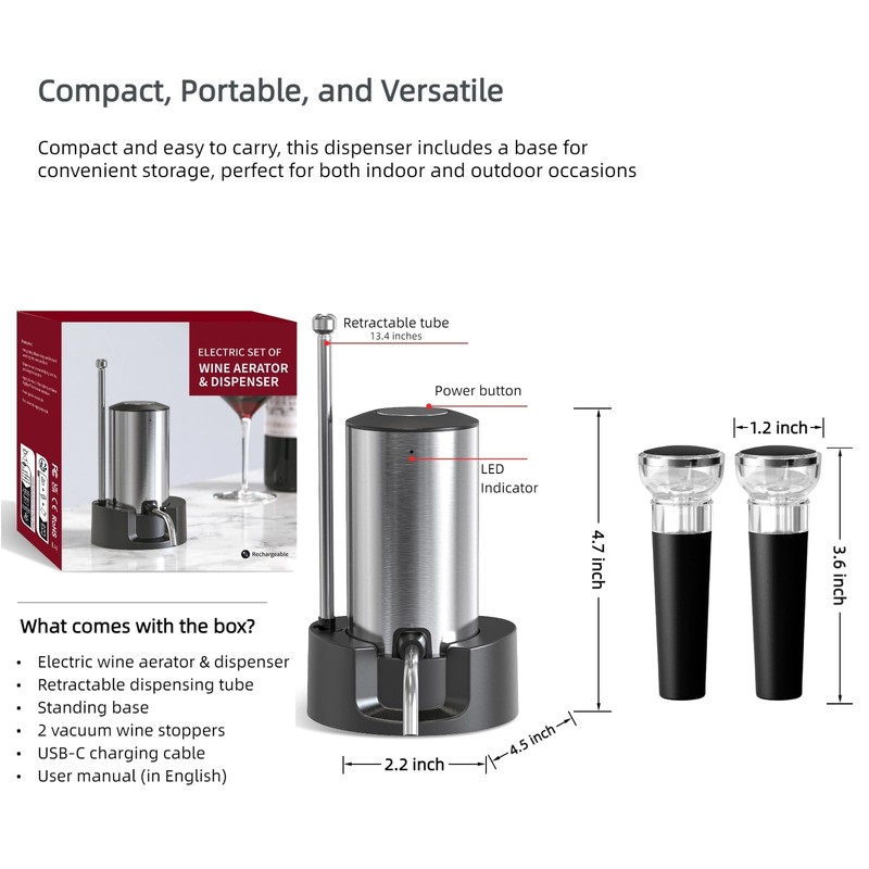 Saraudy Rechargeable Electric Wine Aerator and Dispenser Set, Electric Wine