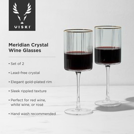 Viski Meridian Ribbed Wine Glasses, Crystal Wine Glass Unique Art Deco Glassware, Gold Rimmed Stemmed Glass for Wine 16oz Set of 2