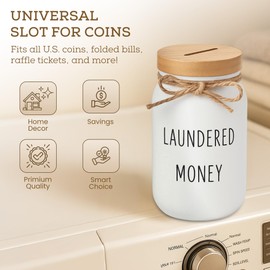 Funny Laundered Money Coin Bank – Glass Jar with Money Slot and Bamboo Lid, Rustic Tip Jar for Laundry Rooms, Loose Change, Home Organization, Decorative Piggy Bank for Farmhouse Home Decor (White)
