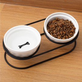 Navaris Ceramic Bowls with Black Metal Stand - 2 Raised Cat & Dog Bowls - Tilted Elevated Cat Kitten Dog Food & Water Bowl - Small Cat & Dog Feeding Station - 5oz (150ml) Capacity