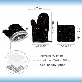 Samgula Black Cats Oven Mitts and Pot Holders Sets Cool Animal Sharp Eyes Oven Mitt Heat Resistant 3pcs for Kitchen Cooking Baking BBQ