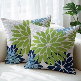 JANGYUHH Set of 2 Cushion Covers, 45 x 45 cm, Modern Flowers, Decorative Cushions, Double-Sided Pattern, Green, Blue, White, Dahlia Sofa Cushion, Outdoor Cushion, Linen Decorative Cushion Covers for
