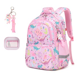 MUSEVOS Kids Backpack, Kawaii Printed Girls Bookbags for Preschool, Lightweight School Backpack for Primary and Elementary and Kindergarten, Waterproof Teen Backpacks, Pink/Dinosaur