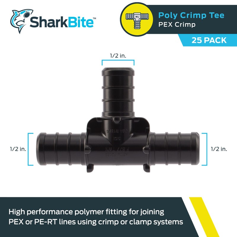 SharkBite 1/2 Inch Poly Crimp Tee, Pack of 25, PEX