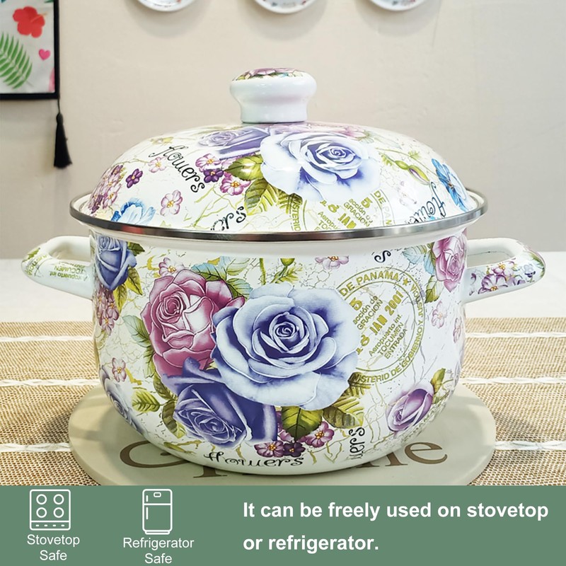 OIIKQDML Enamel Stockpot with Lid, 4.6 Quart Retro Cooking Pot,