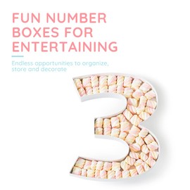 Soul & Lane Fillable Cardboard Number Charcuterie Board Box, Large Paper Mache Numbers Shaped Cutout for Food, White Hollow Gift Tray for Birthday and Party Decor, Number 3