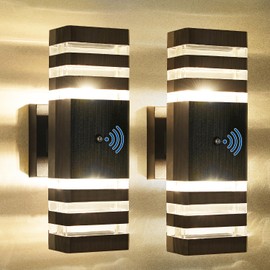 Delicavy 2PK Dusk to Dawn Sensor Outdoor Wall Lights Up Down Porch Lights Modern Exterior Light Fixtures Photocell Waterproof Black Aluminum Housing for Front Porch, Patio, Garage (Use Two E26 Bulbs)