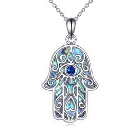 Hamsa Hand Chain 925 Sterling Silver Evil Eye Pendant Necklace Fatima Protection Amulet Spiritual Jewellery Gifts for Girls, Sterling Silver, Abalone
