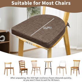 RuzRhyth Chair Cushions for Dining Chairs 2 Pack 35D High-Density Foam Seat Cushions for Kitchen Chairs with Ties Non Slip and Removable Cover Chair Pads 16.5" x 16.5" x 2" (Brown)